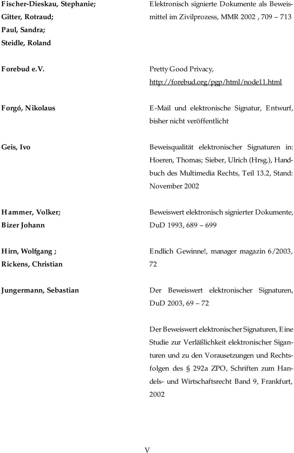 html Forgó, Nikolaus E-Mail und elektronische Signatur, Entwurf, bisher nicht veröffentlicht Geis, Ivo Beweisqualität elektronischer Signaturen in: Hoeren, Thomas; Sieber, Ulrich (Hrsg.