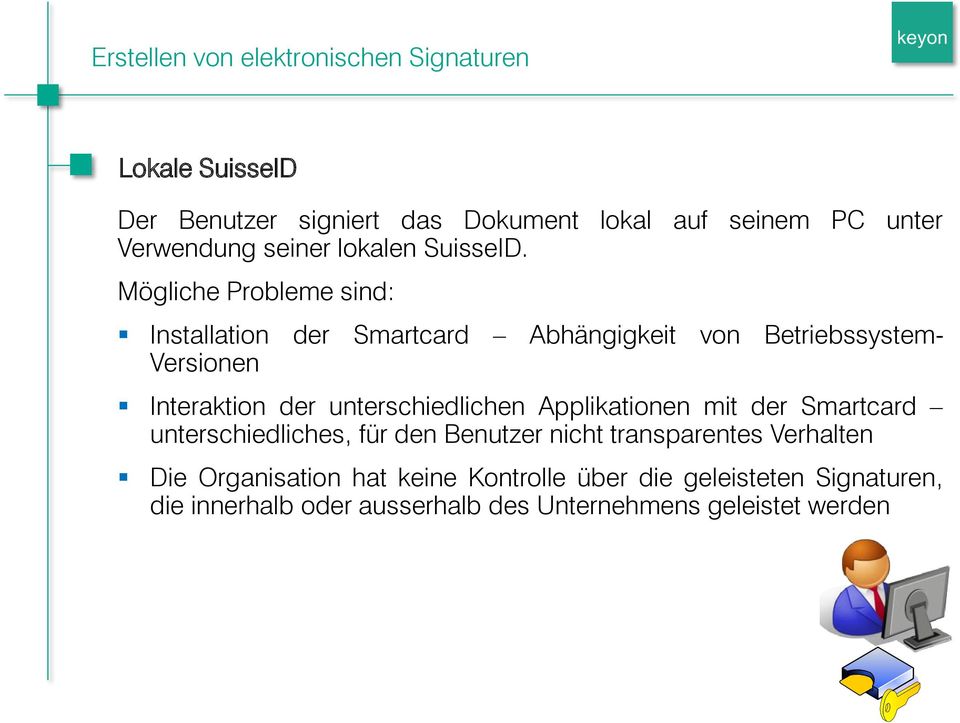 Mögliche Probleme sind: Installation der Smartcard Abhängigkeit von Betriebssystem- Versionen Interaktion der unterschiedlichen