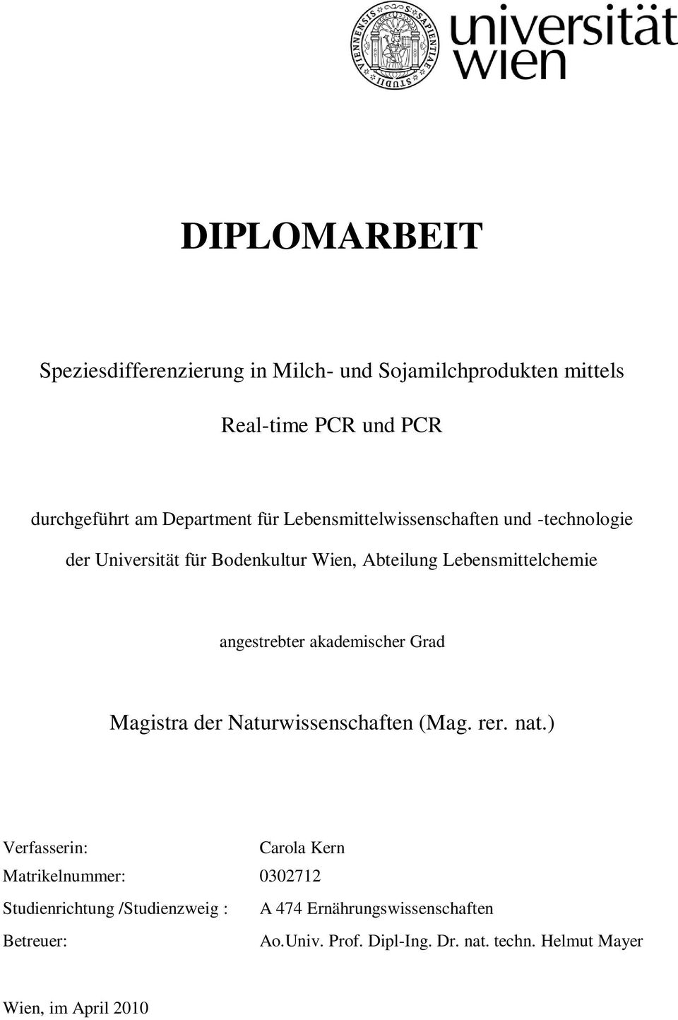 akademischer Grad Magistra der Naturwissenschaften (Mag. rer. nat.