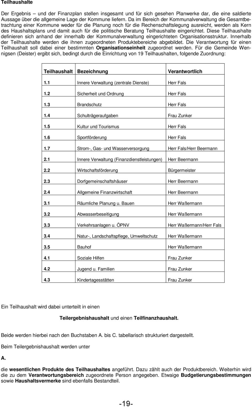 politische Beratung Teilhaushalte eingerichtet. Diese Teilhaushalte definieren sich anhand der innerhalb der Kommunalverwaltung eingerichteten Organisationsstruktur.