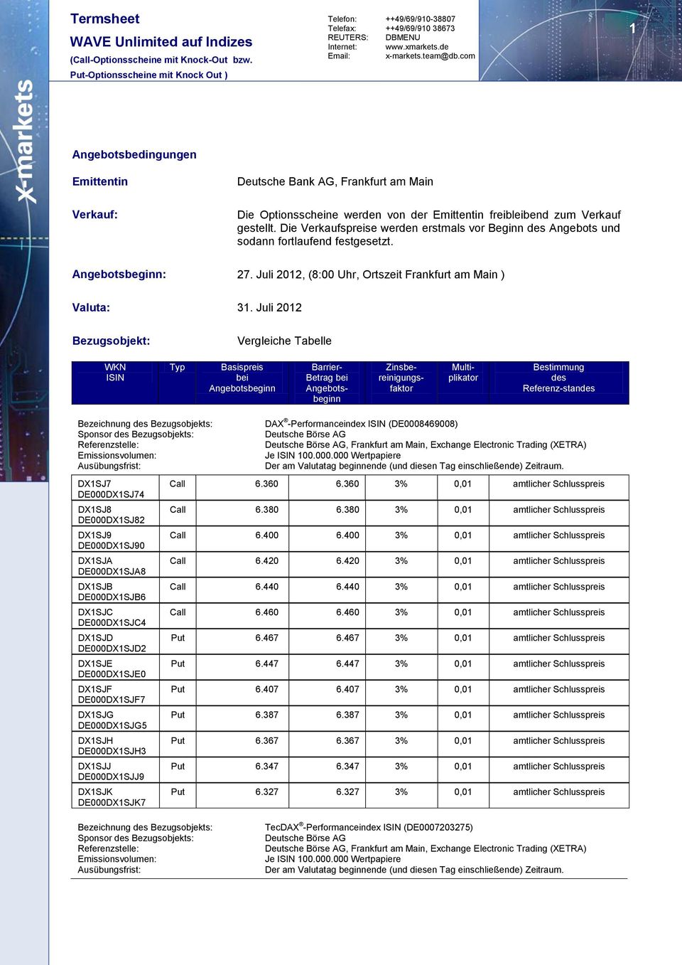Juli 2012 Bezugsobjekt: Vergleiche Tabelle WKN ISIN Typ Basispreis bei Betrag bei Zinsbereinigungsfaktor Multiplikator Bestimmung des Referenz-standes Bezeichnung des Bezugsobjekts: Sponsor des