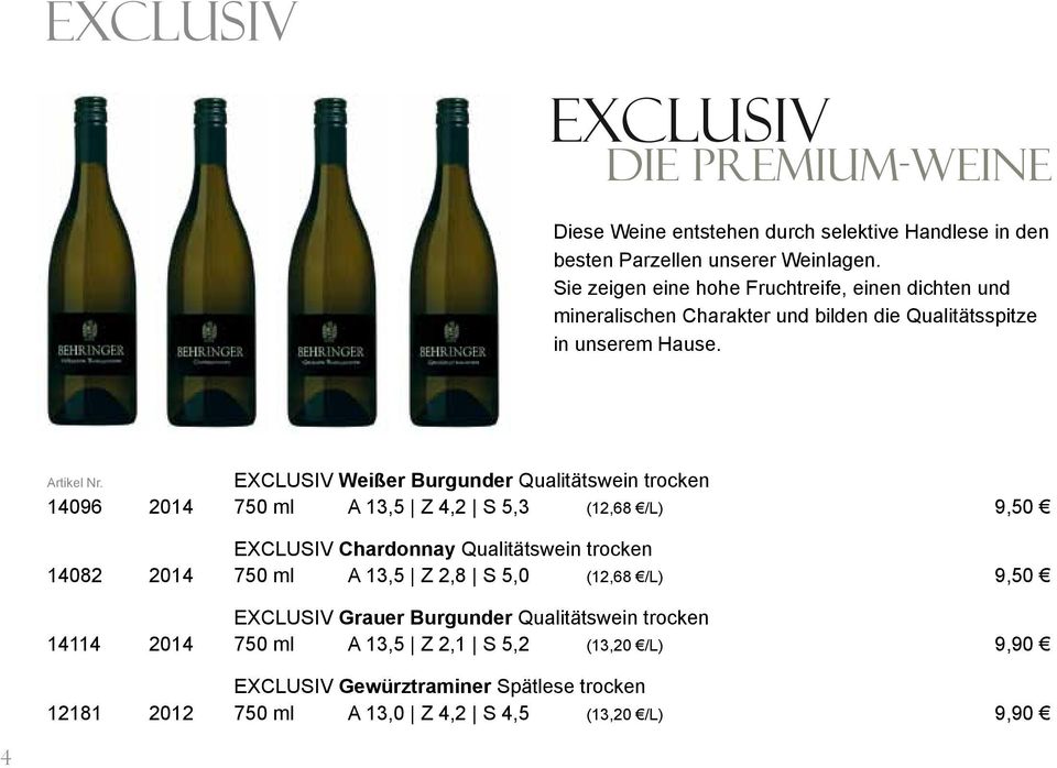 EXCLUSIV Weißer Burgunder Qualitätswein trocken 14096 2014 750 ml A 13,5 Z 4,2 S 5,3 (12,68 /L) 9,50 EXCLUSIV Chardonnay Qualitätswein trocken 14082 2014 750 ml A