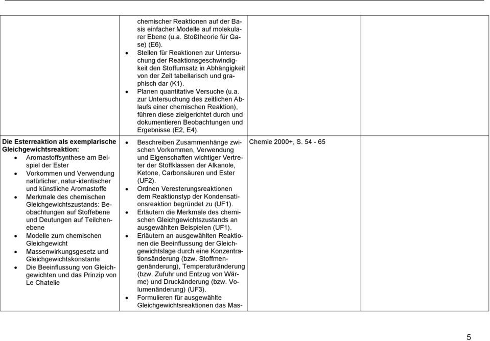 von Gleichgewichten und das Prinzip von Le Chatelie chemischer Reaktionen auf der Basis einfacher Modelle auf molekularer Ebene (u.a. Stoßtheorie für Gase) (E6).