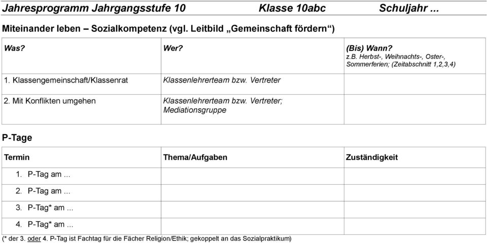 Mit Konflikten umgehen Klassenlehrerteam bzw. Vertreter; Mediationsgruppe P-Tage Termin Thema/Aufgaben Zuständigkeit 1. P-Tag am... 2.