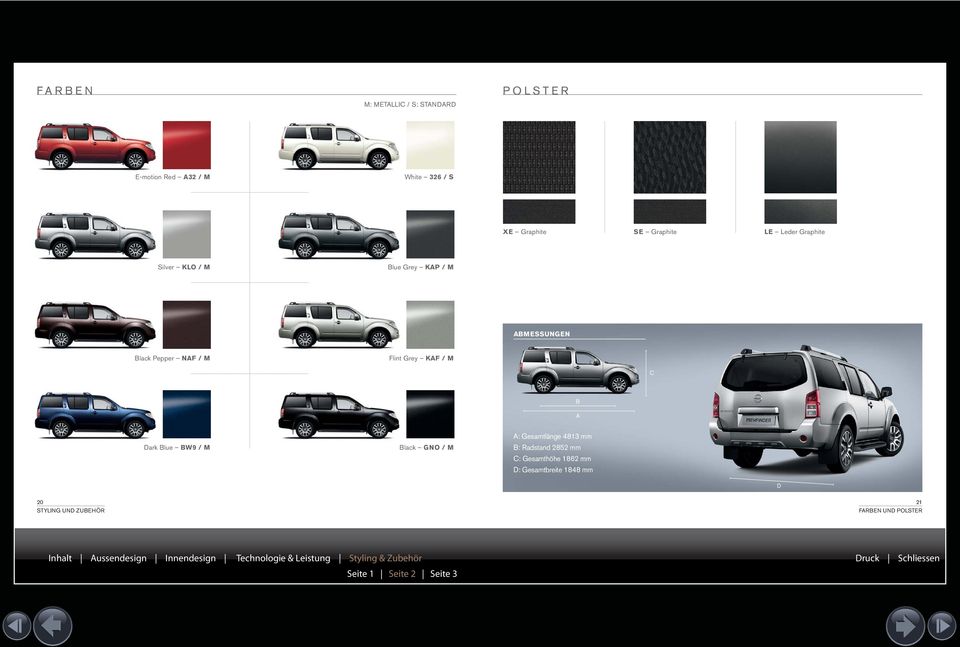 M A: Gesamtlänge 4813 mm B: Radstand 2852 mm C: Gesamthöhe 1862 mm D: Gesamtbreite 1848 mm D 20 STYLING UND ZUBEHÖR 21