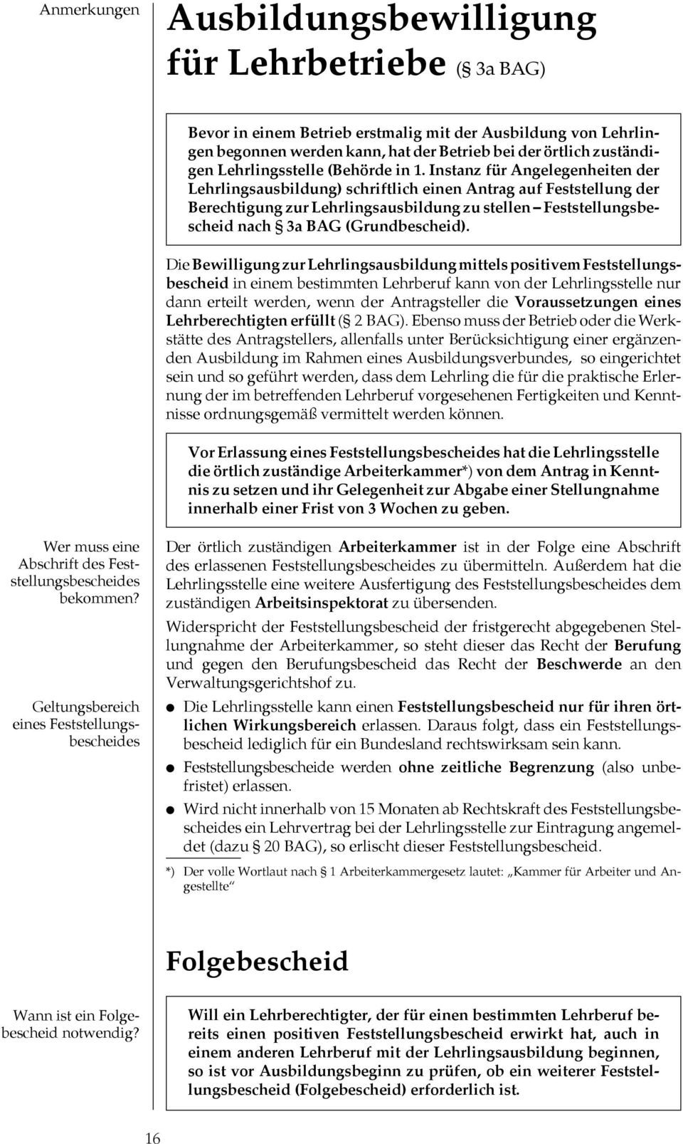 Instanz für Angelegenheiten der Lehrlingsausbildung) schriftlich einen Antrag auf Feststellung der Berechtigung zur Lehrlingsausbildung zu stellen Feststellungsbescheid nach 3a BAG (Grundbescheid).