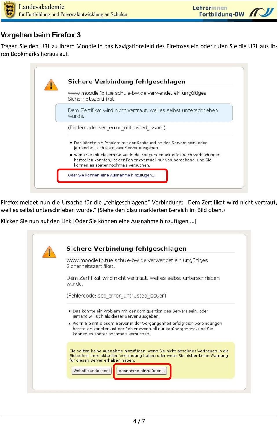 Firefox meldet nun die Ursache für die fehlgeschlagene Verbindung: Dem Zertifikat wird nicht vertraut,