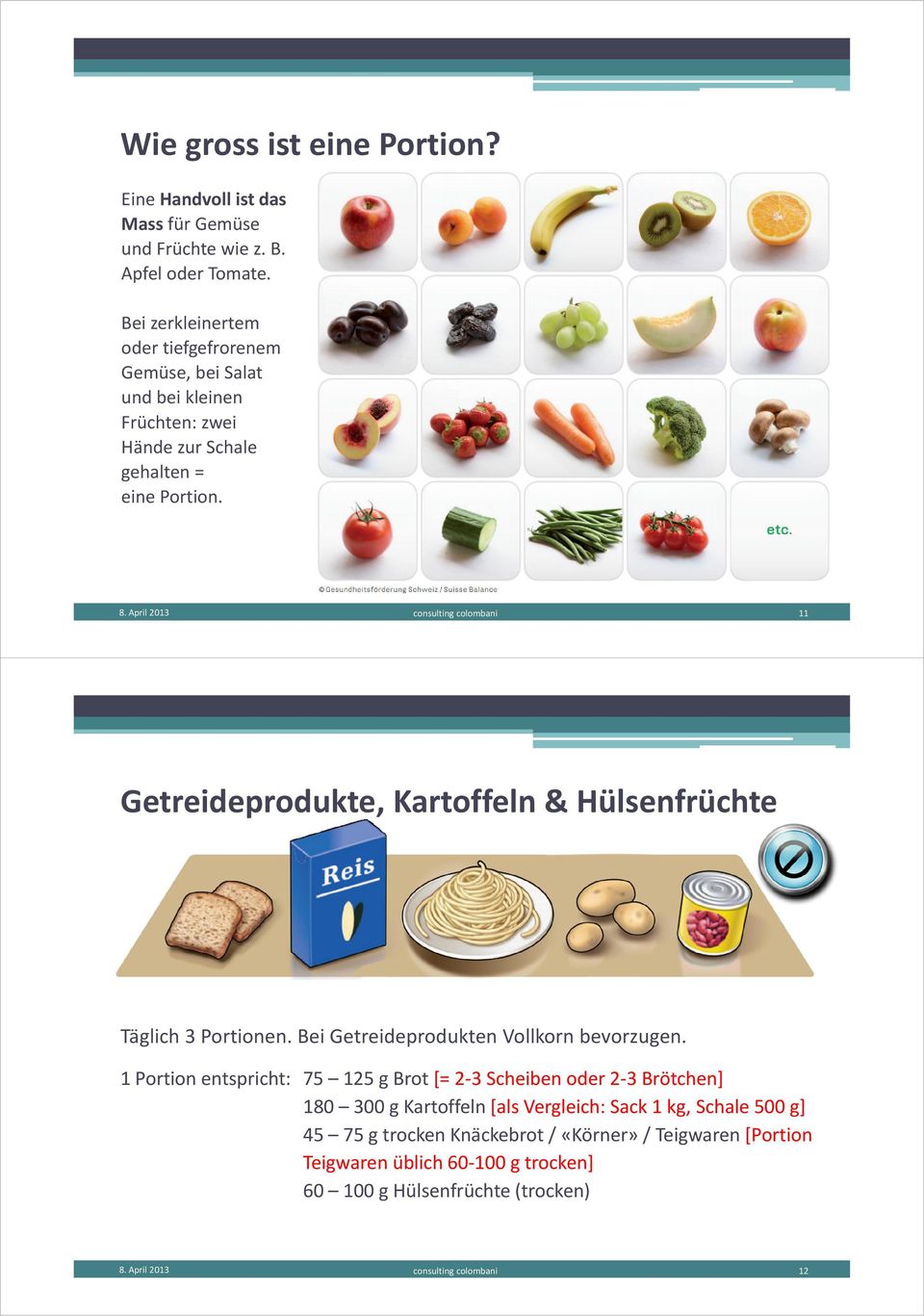 April 2013 consulting colombani 11 Getreideprodukte, Kartoffeln & Hülsenfrüchte Täglich 3 Portionen. Bei Getreideprodukten Vollkorn bevorzugen.