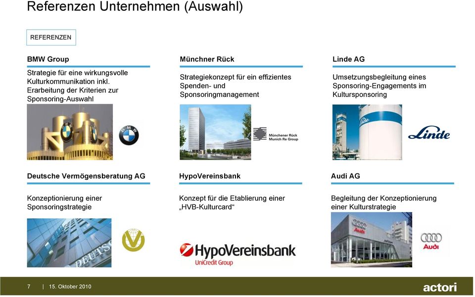 Linde AG Umsetzungsbegleitung eines Sponsoring-Engagements im Kultursponsoring Deutsche Vermögensberatung AG HypoVereinsbank Audi AG