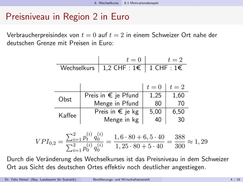 = 2 Wechselkurs 1,2 CHF : 1 1 CHF : 1 Obst Kaffee t = 0 t = 2 Preis in je Pfund 1,25 1,60 Menge in Pfund 80 70 Preis in je kg 5,00 6,50 Menge in kg 40 30 V P I 0,2 = 2 i=1