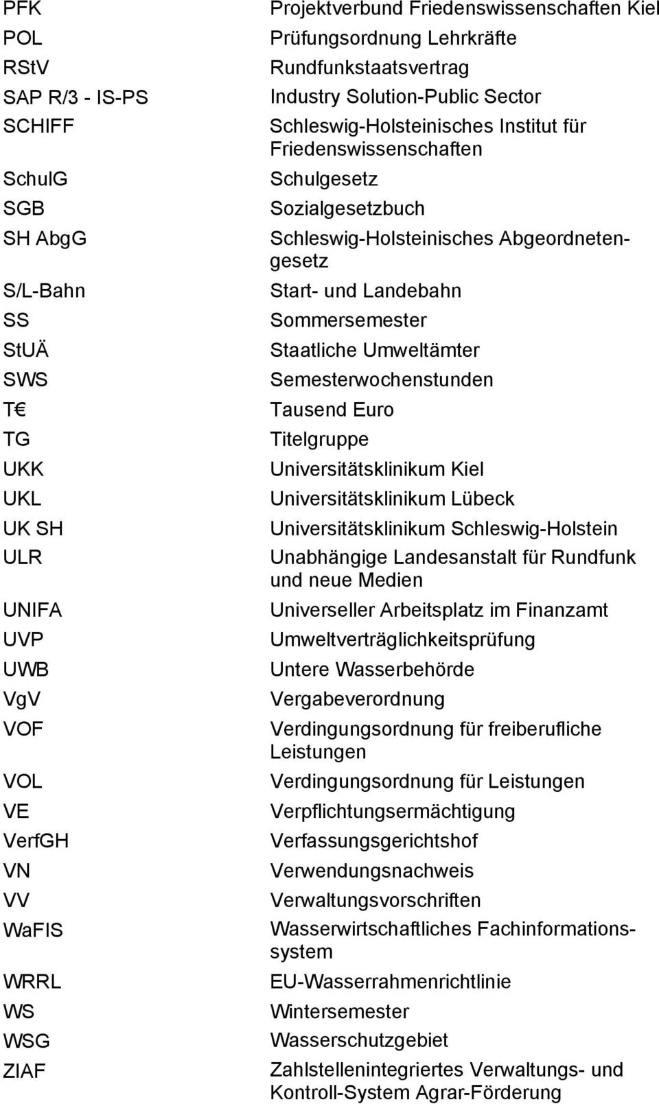 Semesterwochenstunden T Tausend Euro TG UKK UKL UK SH ULR UNIFA UVP UWB VgV VOF VOL VE VerfGH VN VV WaFIS WRRL WS WSG ZIAF Titelgruppe Universitätsklinikum Kiel Universitätsklinikum Lübeck