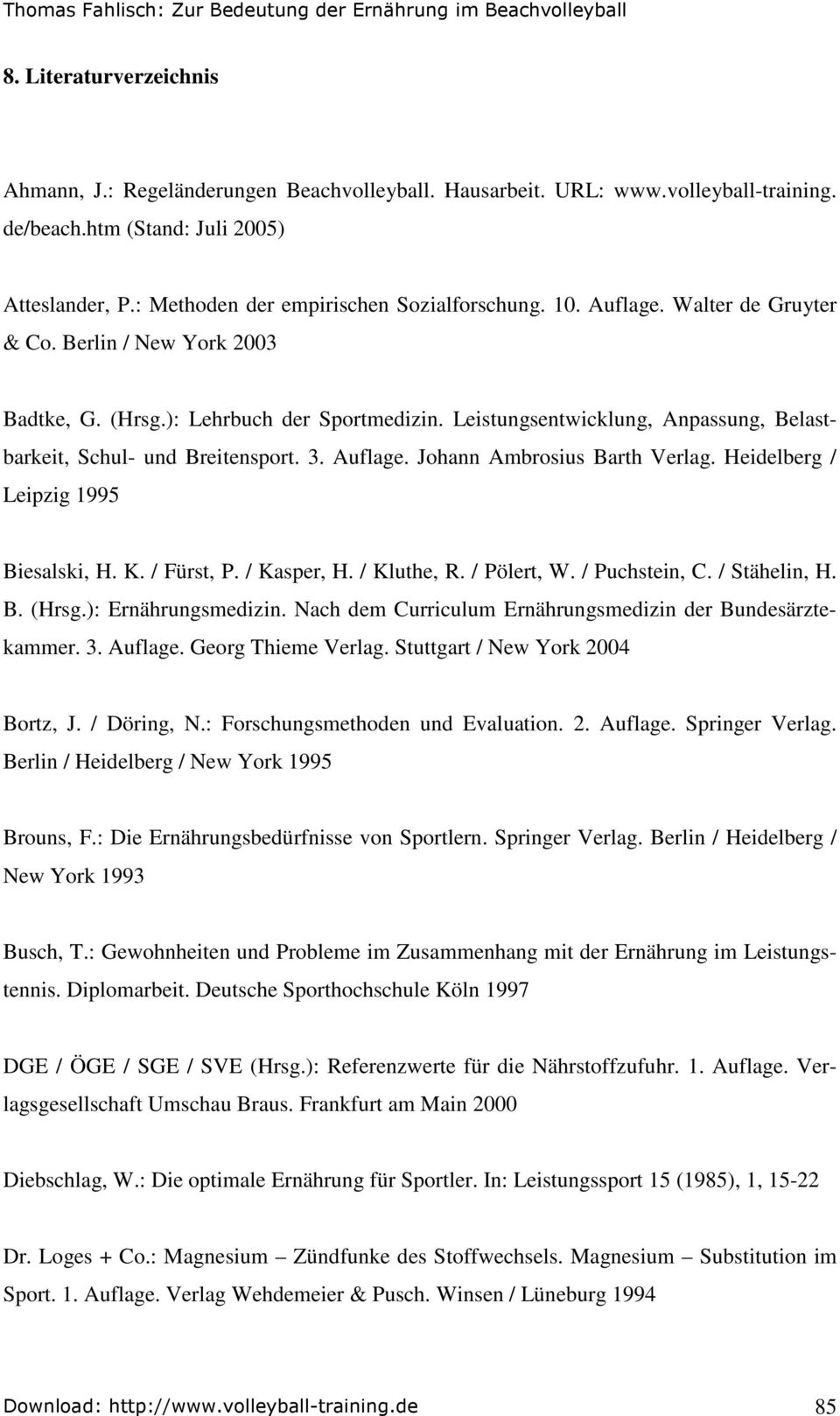 Leistungsentwicklung, Anpassung, Belastbarkeit, Schul- und Breitensport. 3. Auflage. Johann Ambrosius Barth Verlag. Heidelberg / Leipzig 1995 Biesalski, H. K. / Fürst, P. / Kasper, H. / Kluthe, R.