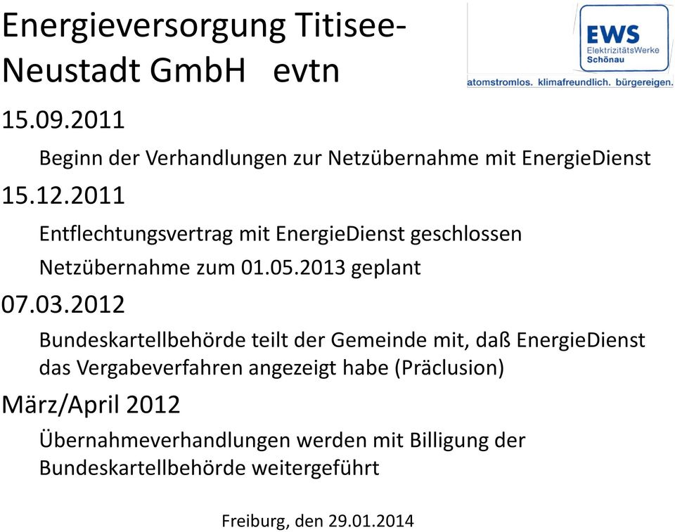 2011 Entflechtungsvertrag mit EnergieDienst geschlossen Netzübernahme zum 01.05.2013 geplant 07.03.