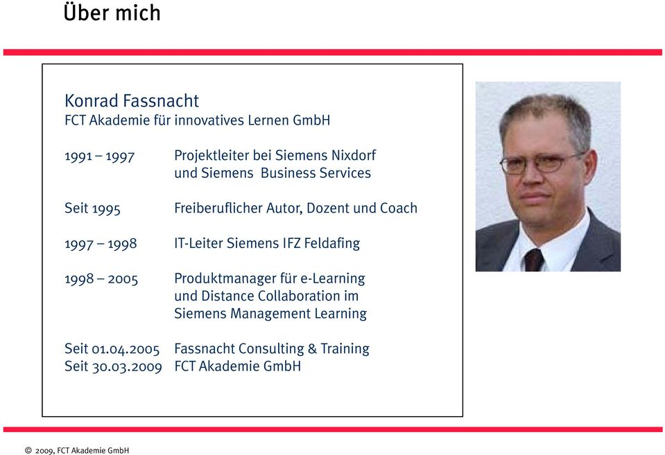 1998 IT-Leiter Siemens IFZ Feldafing 1998 2005 Produktmanager für e-learning und Distance Collaboration