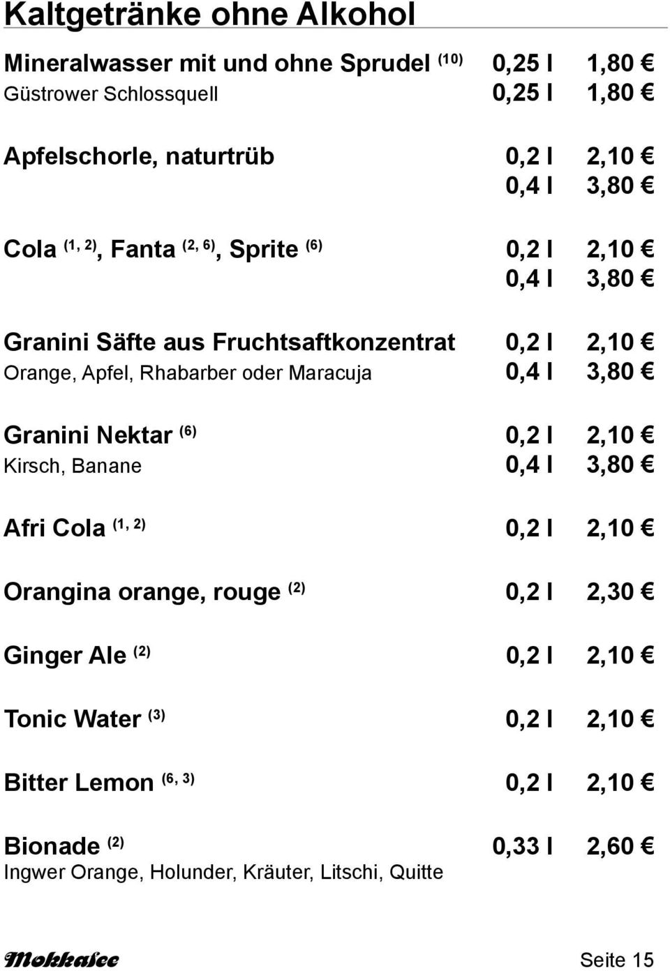 0,4 l 3,80 Granini Nektar (6) 0,2 l 2,10 Kirsch, Banane 0,4 l 3,80 Afri Cola (1, 2) 0,2 l 2,10 Orangina orange, rouge (2) 0,2 l 2,30 Ginger Ale (2) 0,2 l