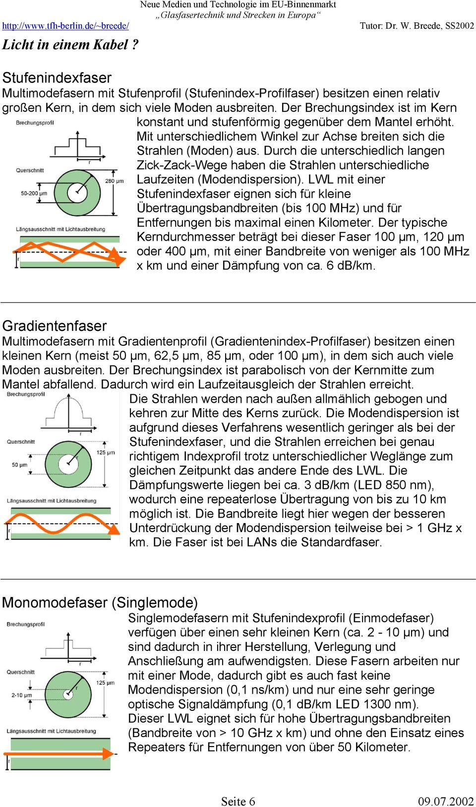 Durch die unterschiedlich langen Zick-Zack-Wege haben die Strahlen unterschiedliche Laufzeiten (Modendispersion).