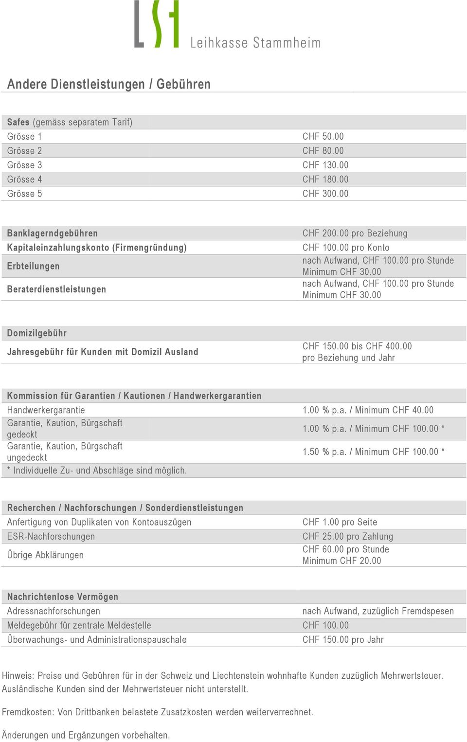 00 nach Aufwand, CHF 100.00 pro Stunde Minimum CHF 30.00 Domizilgebühr Jahresgebühr für Kunden mit Domizil Ausland CHF 150.00 bis CHF 400.