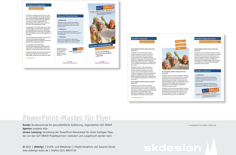 Gestaltung der PowerPoint-Masterdatei für einen 6seitigen Flyer, der von den GUT