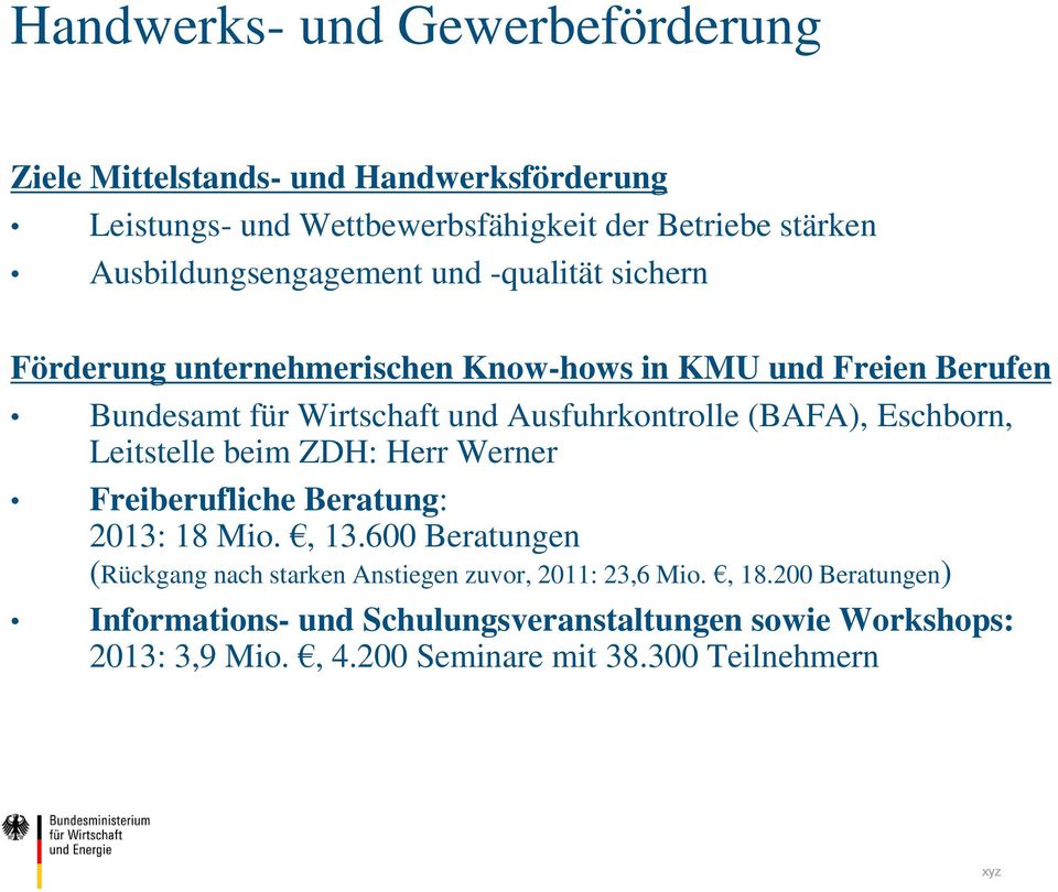 Ausfuhrkontrolle (BAFA), Eschborn, Leitstelle beim ZDH: Herr Werner Freiberufliche Beratung: 2013: 18 Mio., 13.