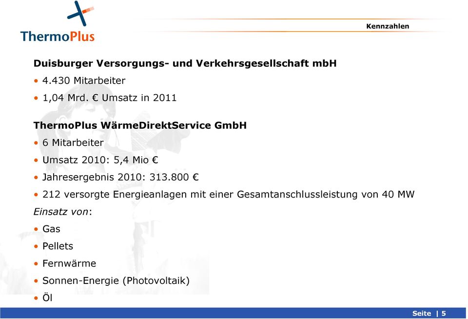 Umsatz in 2011 ThermoPlus WärmeDirektService GmbH 6 Mitarbeiter Umsatz 2010: 5,4 Mio
