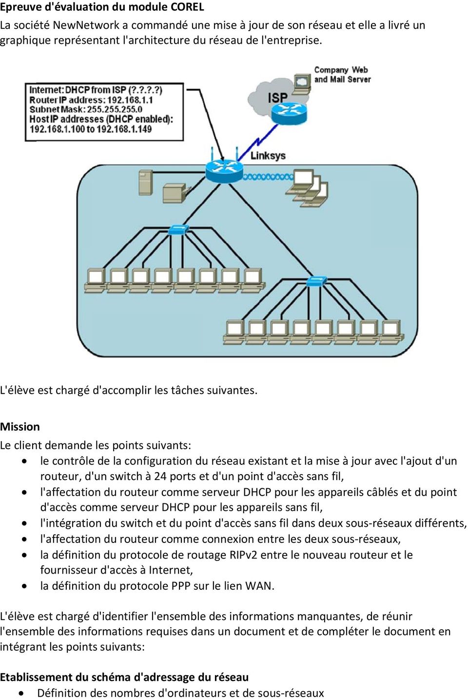 Mission Le client demande les points suivants: le contrôle de la configuration du réseau existant et la mise à jour avec l'ajout d'un routeur, d' 'un switch à 24 ports et d'un point d'accès sans fil,