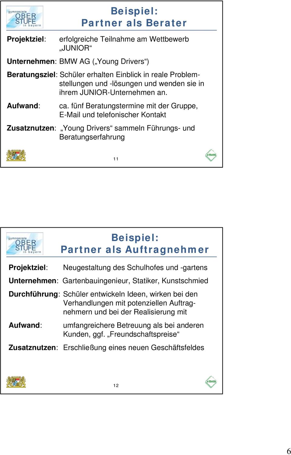 fünf Beratungstermine mit der Gruppe, E-Mail und telefonischer Kontakt Zusatznutzen: Young Drivers sammeln Führungs- und Beratungserfahrung 11 Projektziel: Beispiel: Partner als Auftragnehmer