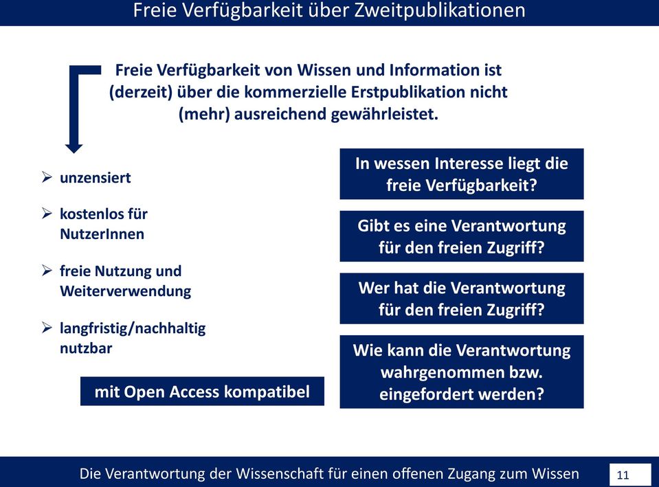 unzensiert kostenlos für NutzerInnen freie Nutzung und Weiterverwendung langfristig/nachhaltig nutzbar mit Open Access kompatibel In wessen Interesse