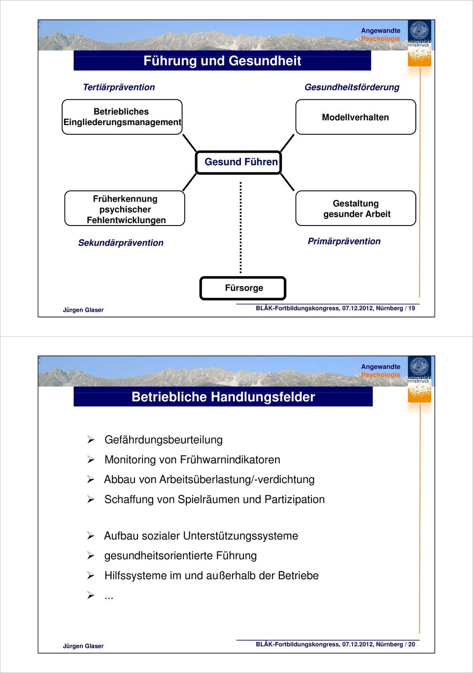 2012, Nürnberg / 19 Betriebliche Handlungsfelder ld Gefährdungsbeurteilung Monitoring von Frühwarnindikatoren Abbau von Arbeitsüberlastung/-verdichtung Schaffung von