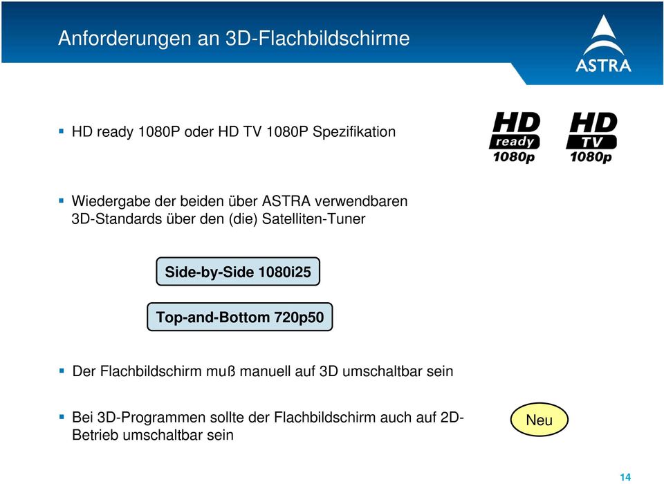 Side-by-Side 1080i25 Top-and-Bottom 720p50 Der Flachbildschirm muß manuell auf 3D