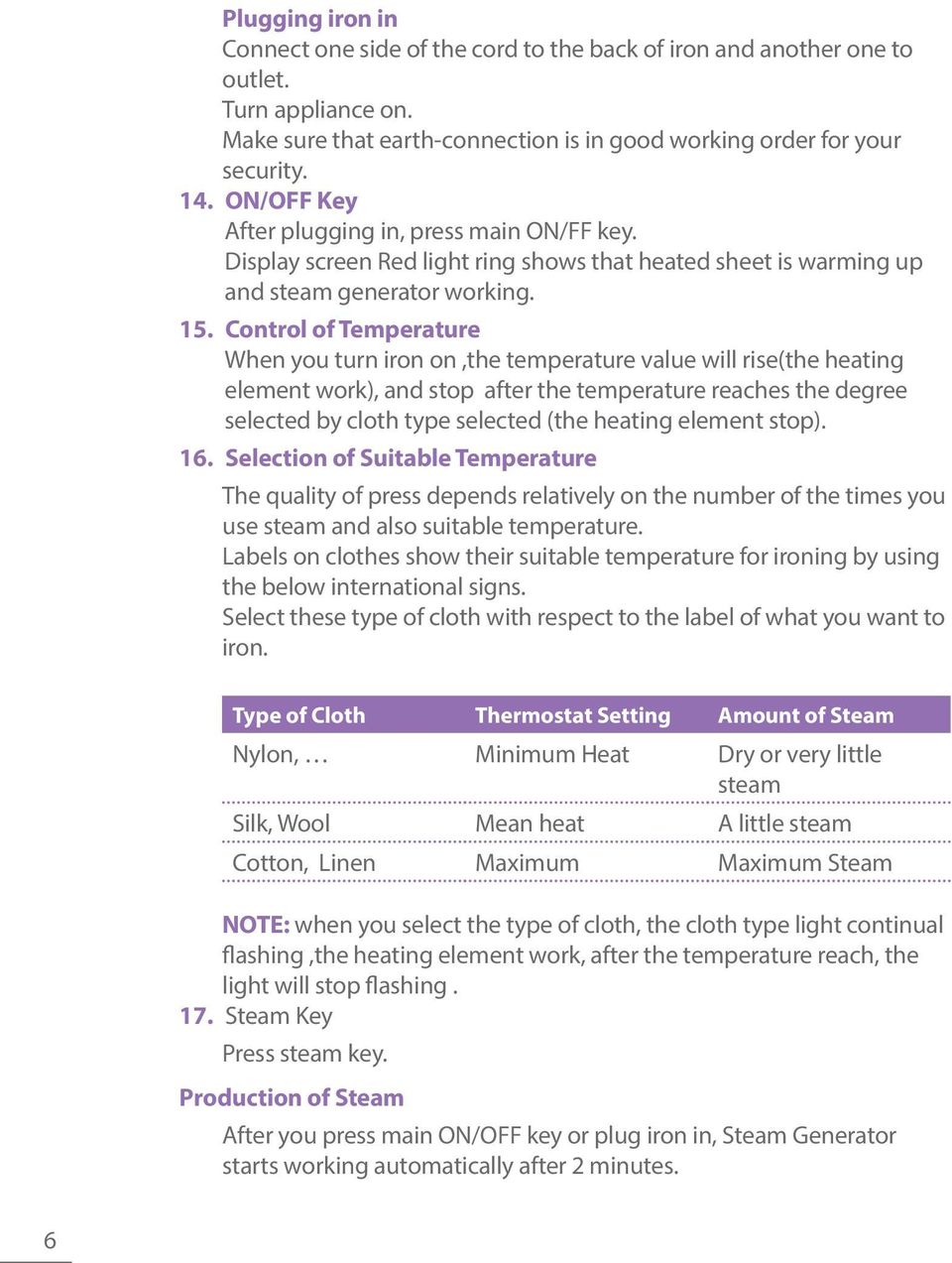 Control of Temperature When you turn iron on,the temperature value will rise(the heating element work), and stop after the temperature reaches the degree selected by cloth type selected (the heating