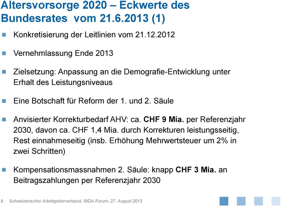 Reform der 1. und 2. Säule Anvisierter Korrekturbedarf AHV: ca. CHF 9 Mia. per Referenzjahr 2030, davon ca. CHF 1,4 Mia.