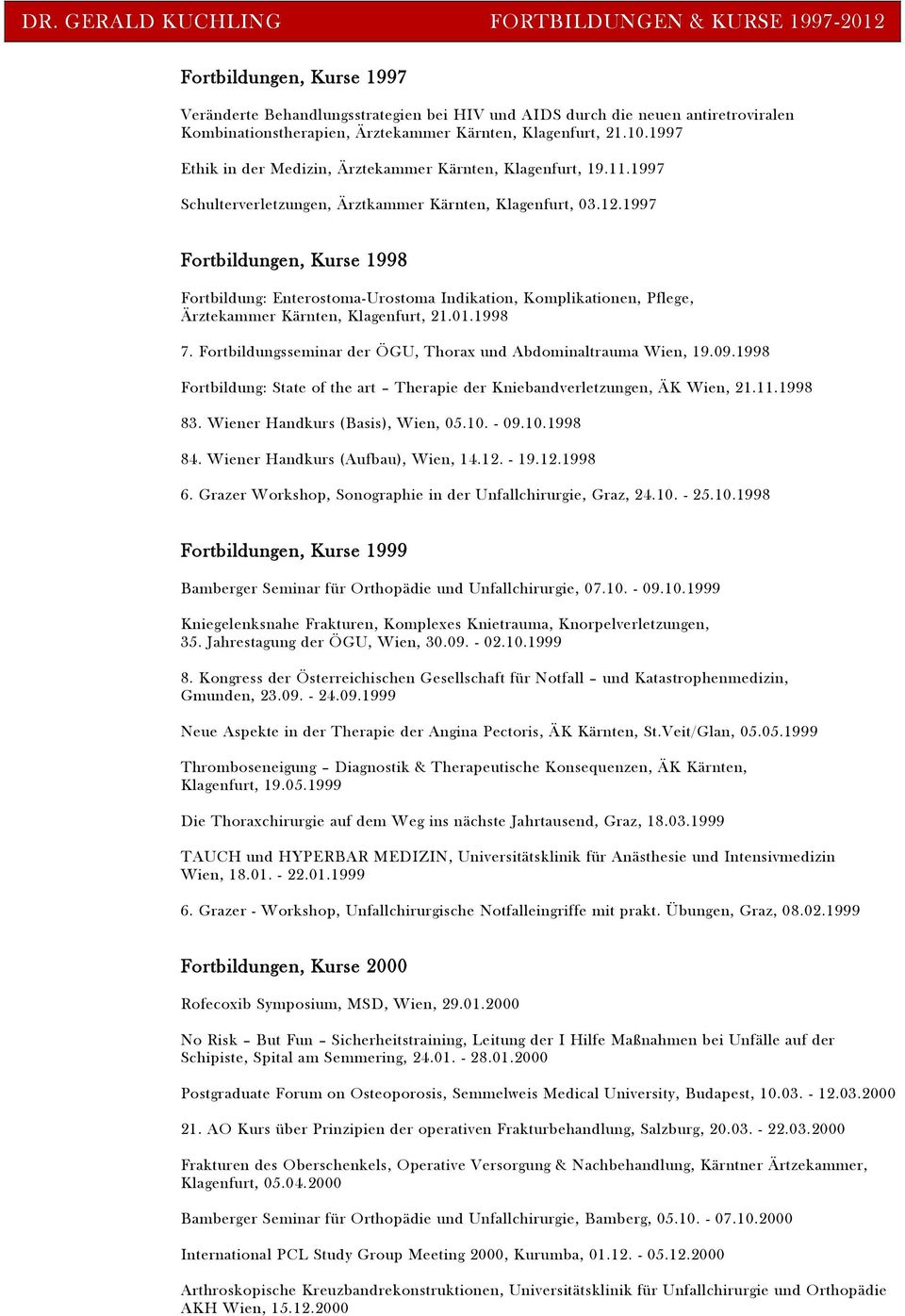 1997 Fortbildungen, Kurse 1998 Fortbildung: Enterostoma-Urostoma Indikation, Komplikationen, Pflege, Ärztekammer Kärnten, Klagenfurt, 21.01.1998 7.