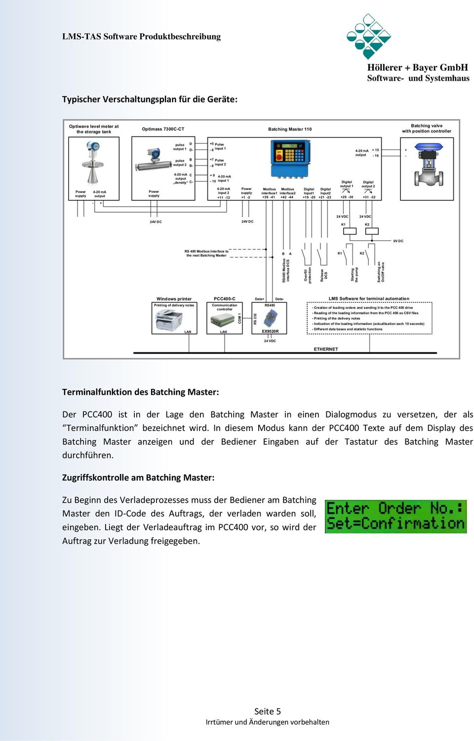 In diesem Modus kann der PCC400 Texte auf dem Display des Batching Master anzeigen und der Bediener Eingaben auf der Tastatur des Batching Master