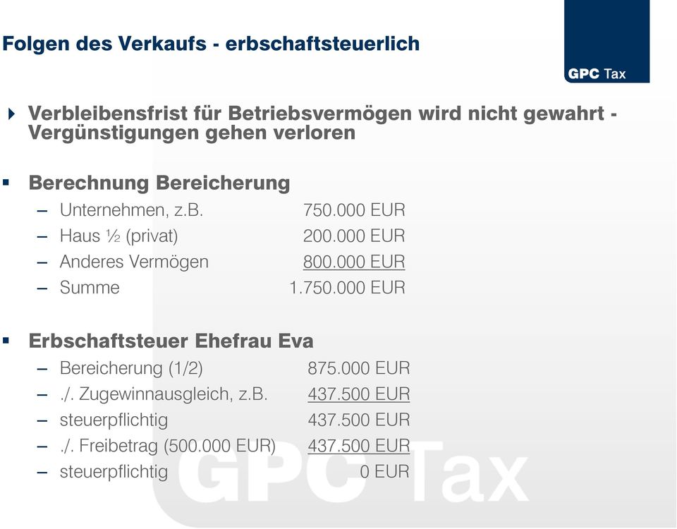 000 EUR Anderes Vermögen 800.000 EUR Summe 1.750.000 EUR Erbschaftsteuer Ehefrau Eva Bereicherung (1/2) 875.
