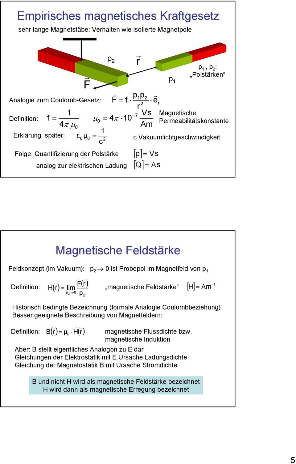 Vakuumlichtgeschwindigkeit Magnetische Feldstärke Feldkonzept (im Vakuum): p 2 0 ist Probepol im Magnetfeld von p 1 r r r r F Definition: () () H = lim magnetische Feldstärke [ H] = Am p 2 0 p 2