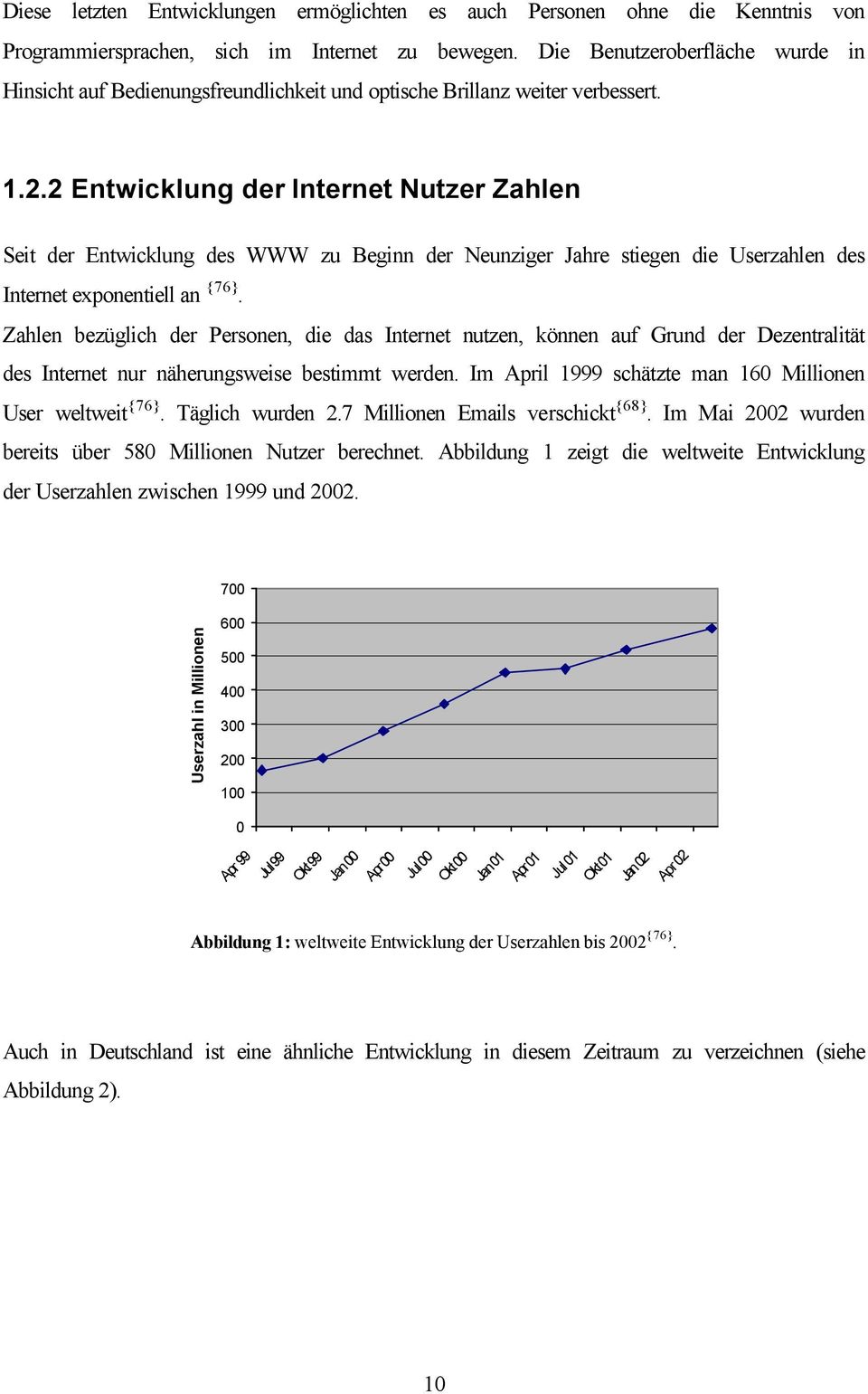 2 Entwicklung der Internet Nutzer Zahlen Seit der Entwicklung des WWW zu Beginn der Neunziger Jahre stiegen die Userzahlen des Internet exponentiell an {76}.