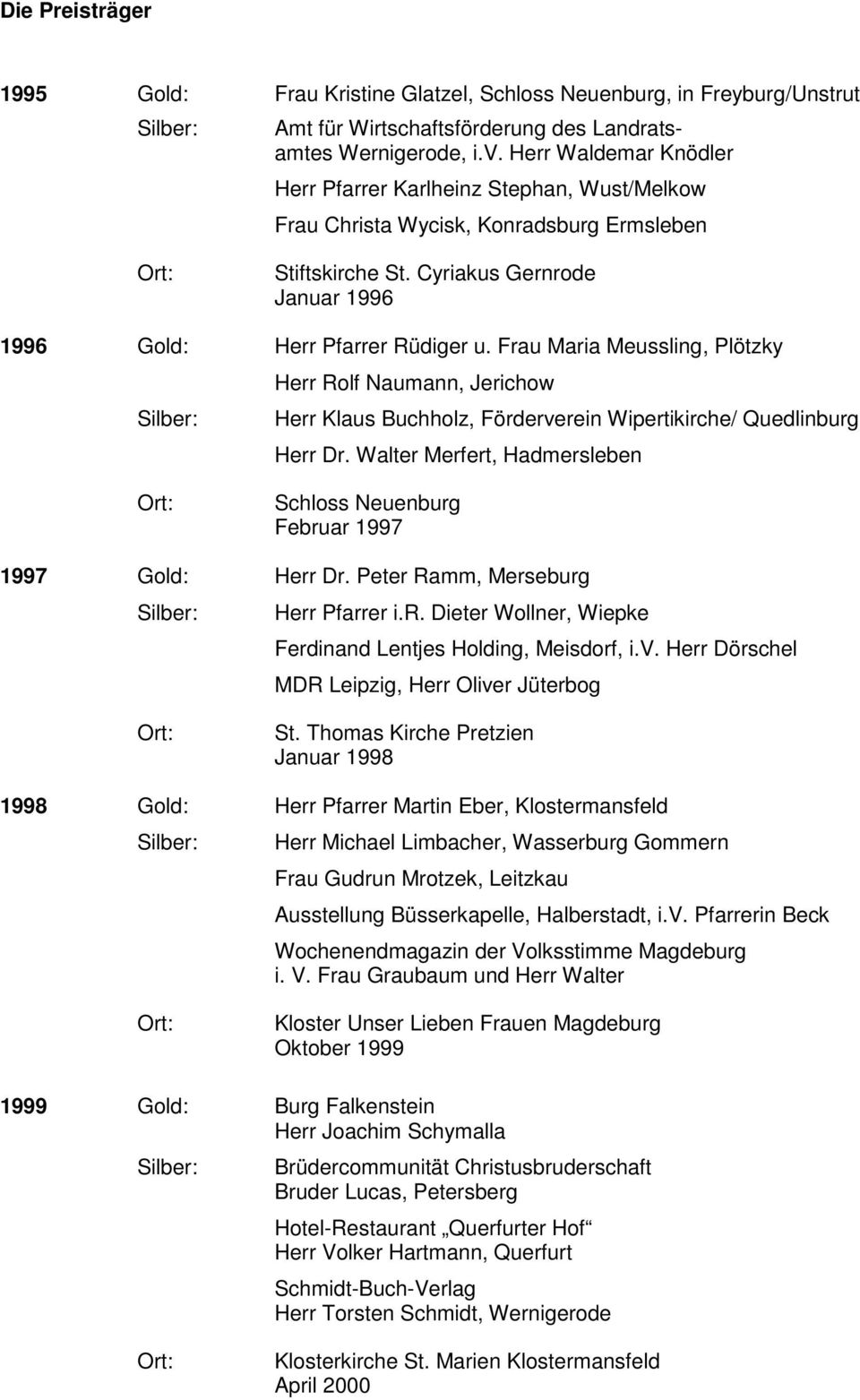 Frau Maria Meussling, Plötzky Herr Rolf Naumann, Jerichow Herr Klaus Buchholz, Förderverein Wipertikirche/ Quedlinburg Herr Dr.