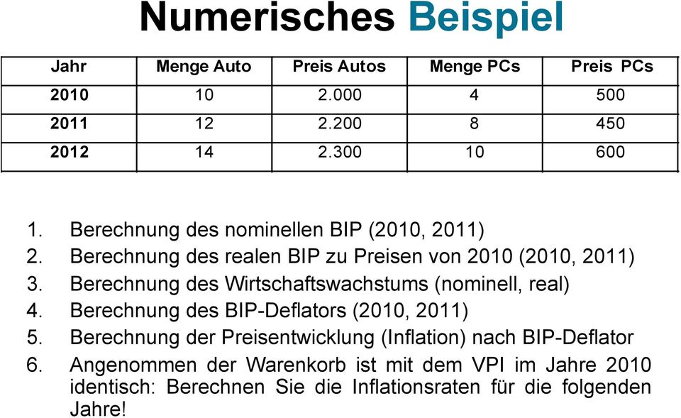 Berechnung des Wirtschaftswachstums (nominell, real) 4. Berechnung des BIP-Deflators (2010, 2011) 5.