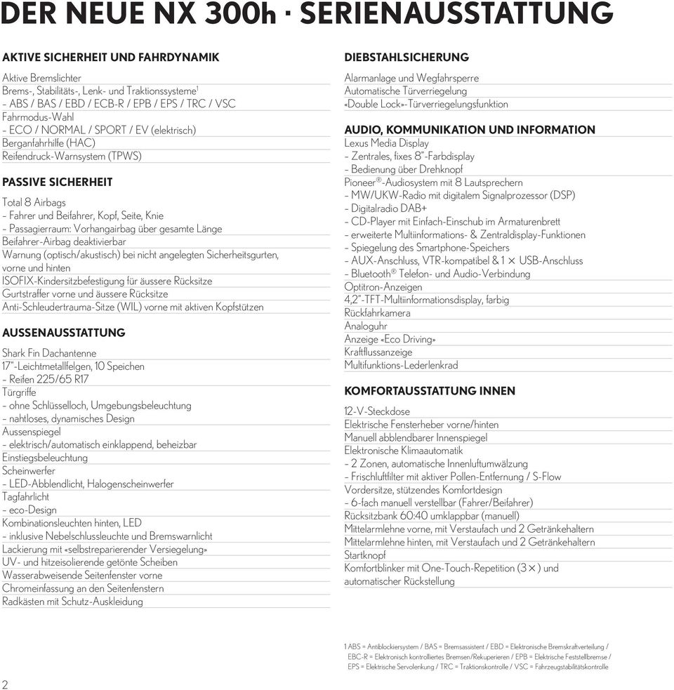 Vorhangairbag über gesamte Länge Beifahrer-Airbag deaktivierbar Warnung (optisch/akustisch) bei nicht angelegten Sicherheitsgurten, vorne und hinten ISOFIX-Kindersitzbefestigung für äussere Rücksitze