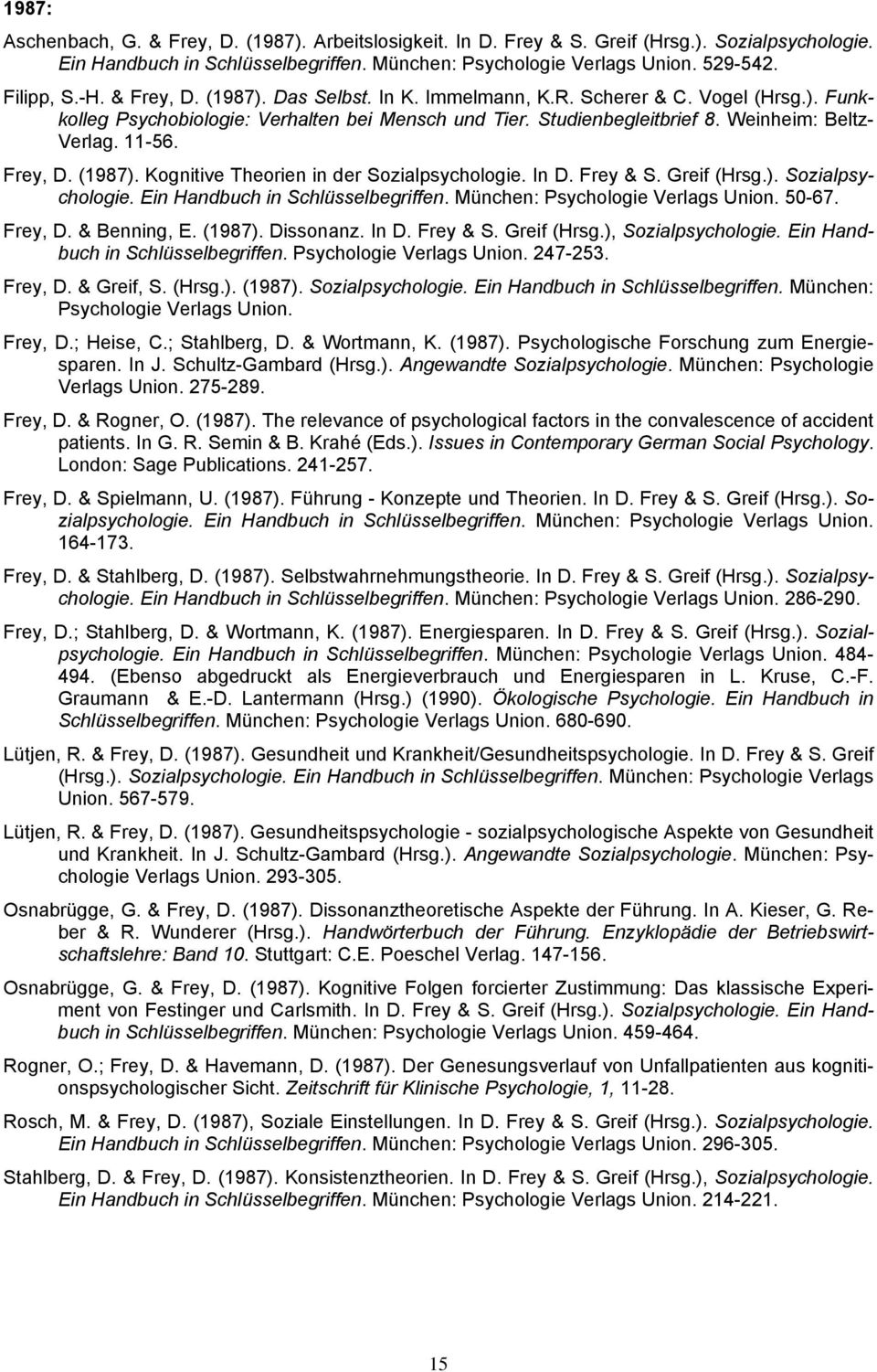 Frey, D. (1987). Kognitive Theorien in der Sozialpsychologie. In D. Frey & S. Greif (Hrsg.). Sozialpsychologie. Ein Handbuch in Schlüsselbegriffen. München: Psychologie Verlags Union. 50-67. Frey, D.