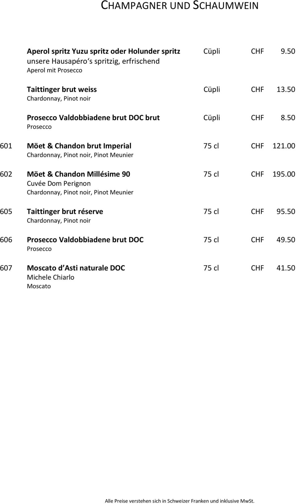 50 Chardonnay, Pinot noir Prosecco Valdobbiadene brut DOC brut Cüpli CHF 8.50 Prosecco 601 Möet & Chandon brut Imperial 75 cl CHF 121.