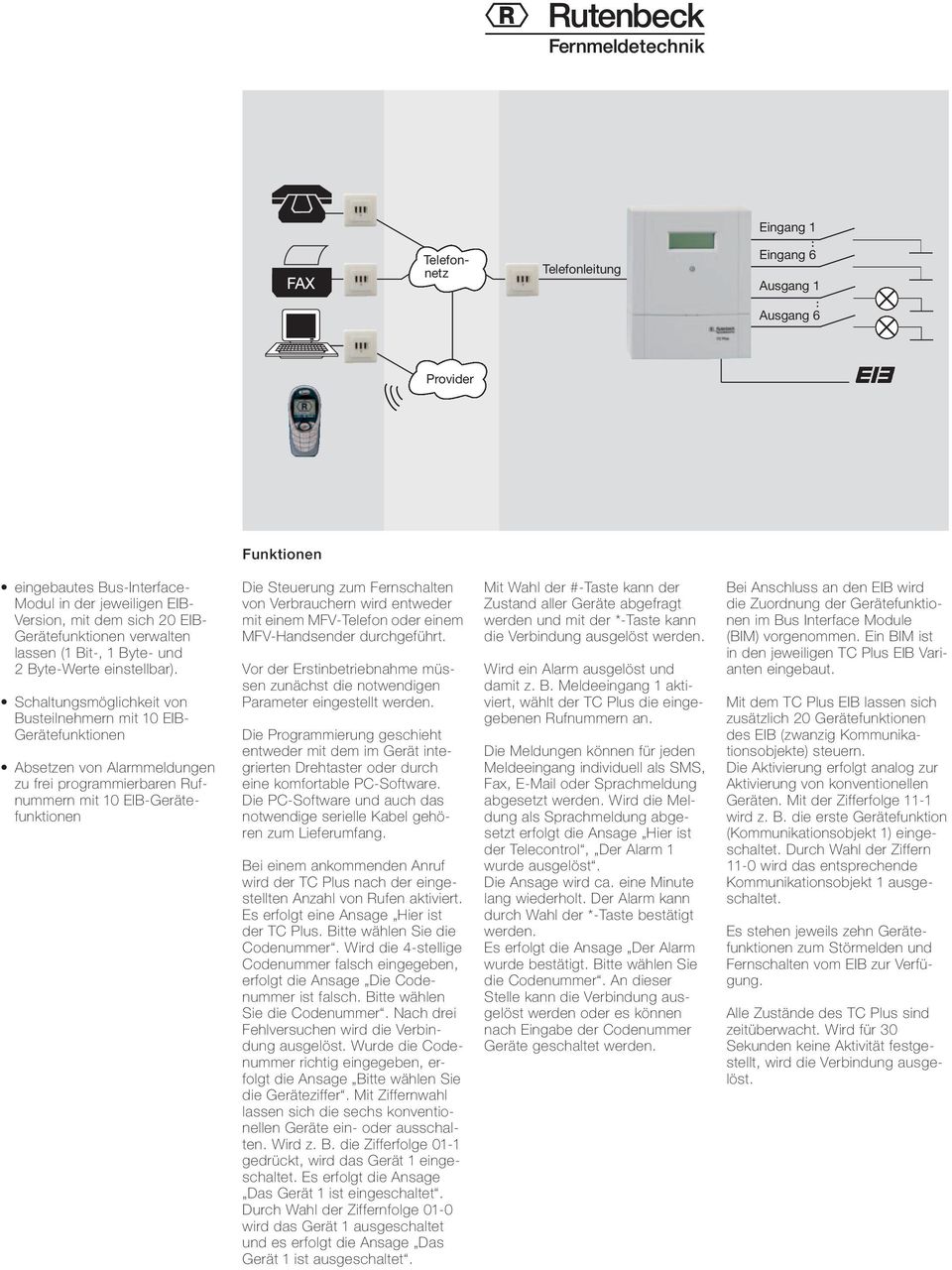 Schaltungsmöglichkeit von Busteilnehmern mit 10 EIB- Gerätefunktionen Absetzen von Alarmmeldungen zu frei programmierbaren Rufnummern mit 10 EIB-Gerätefunktionen Die Steuerung zum Fernschalten von