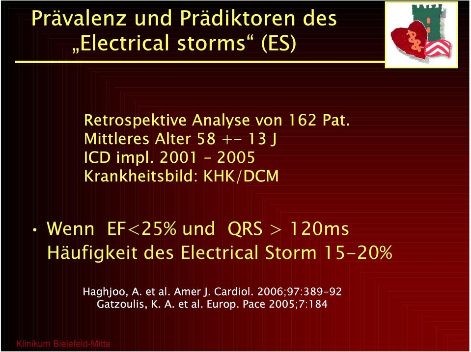 2001 2005 Krankheitsbild: KHK/DCM Wenn EF<25% und QRS > 120ms Häufigkeit des