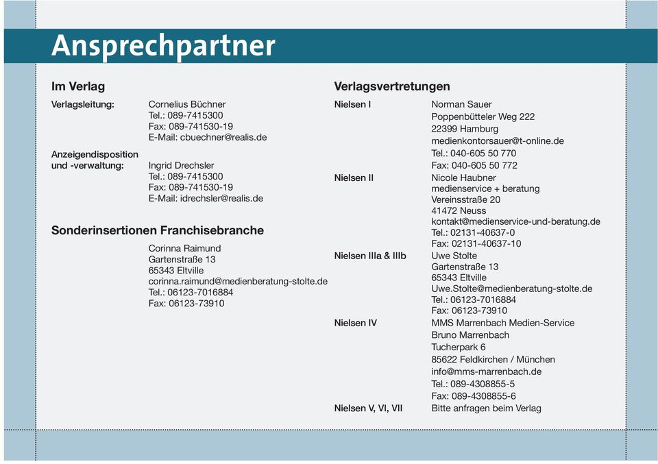 : 06123-7016884 Fax: 06123-73910 Verlagsvertretungen Nielsen I Nielsen II Nielsen IIIa & IIIb Nielsen IV Nielsen V, VI, VII Norman Sauer Poppenbütteler Weg 222 22399 Hamburg