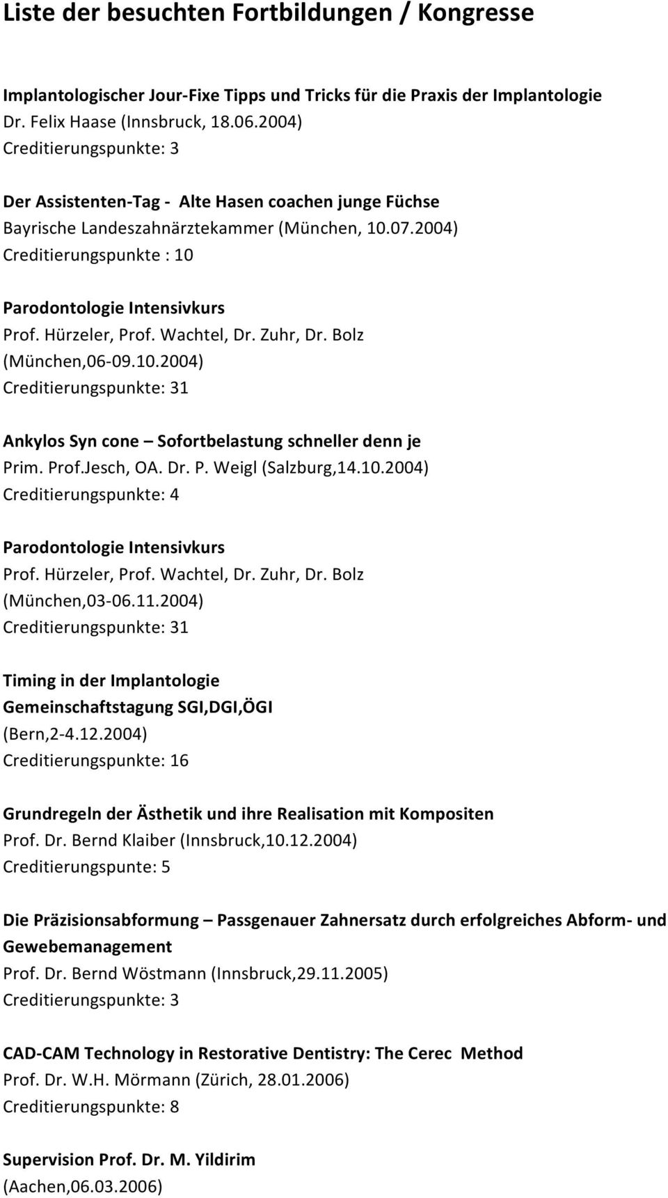 Wachtel, Dr. Zuhr, Dr. Bolz (München,06-09.10.2004) 1 Ankylos Syn cone Sofortbelastung schneller denn je Prim. Prof.Jesch, OA. Dr. P. Weigl (Salzburg,14.10.2004) Parodontologie Intensivkurs Prof.