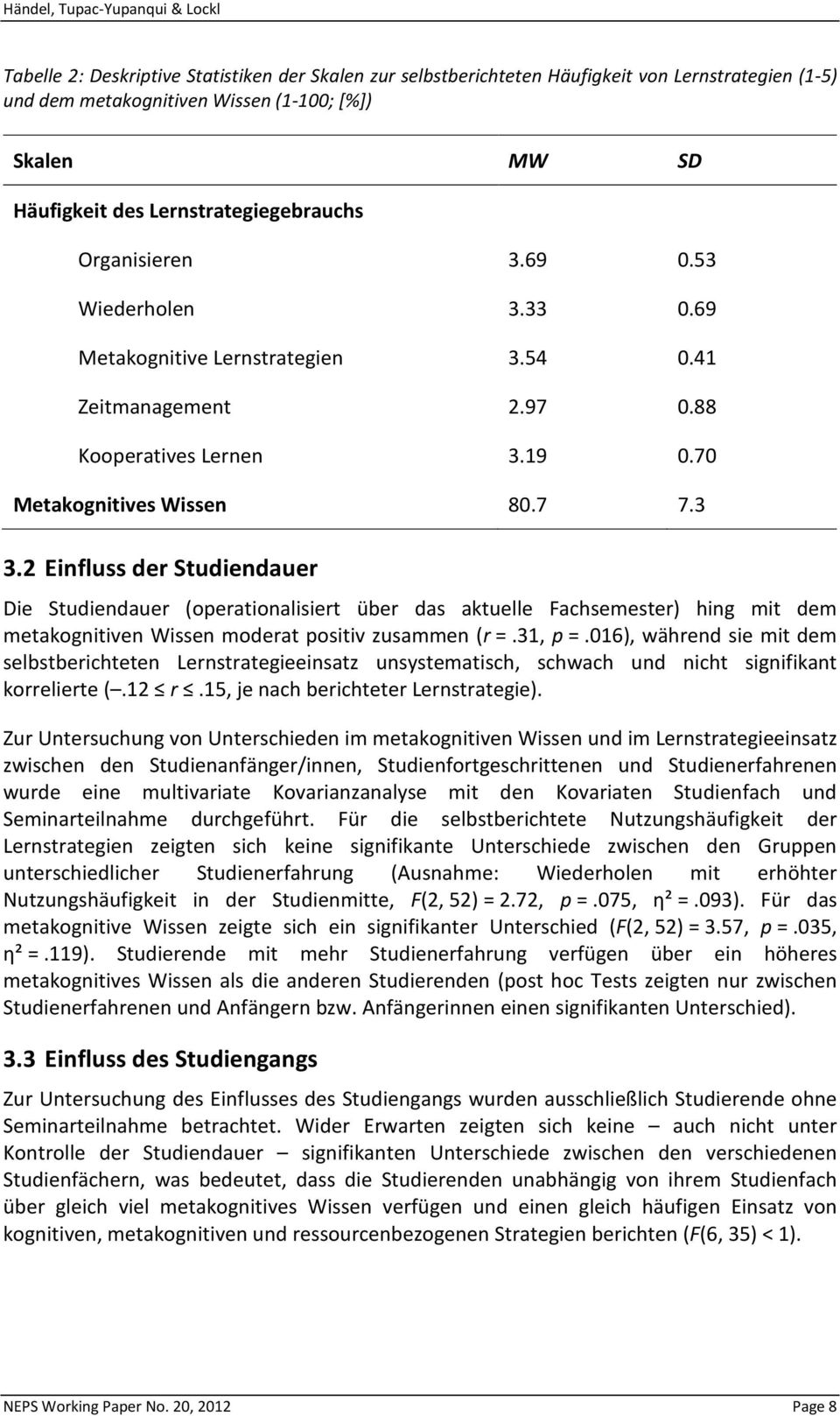 2 Einfluss der Studiendauer Die Studiendauer (operationalisiert über das aktuelle Fachsemester) hing mit dem metakognitiven Wissen moderat positiv zusammen (r =.31, p =.