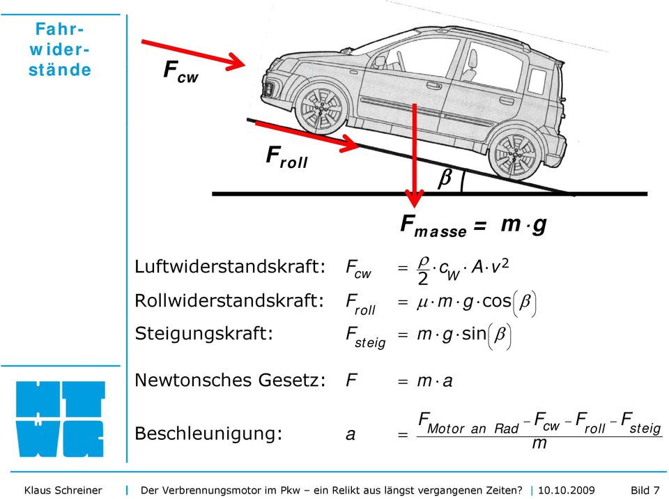 Newtonsches Gesetz: F m a Beschleunigung: a F Fcw F F Motor an Rad roll m steig