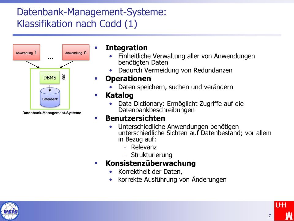 Katalog Data Dictionary: Ermöglicht Zugriffe auf die Datenbankbeschreibungen Benutzersichten Unterschiedliche Anwendungen benötigen unterschiedliche