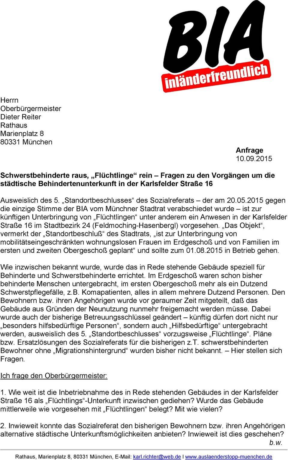 Standortbeschlusses des Sozialreferats der am 20.05.