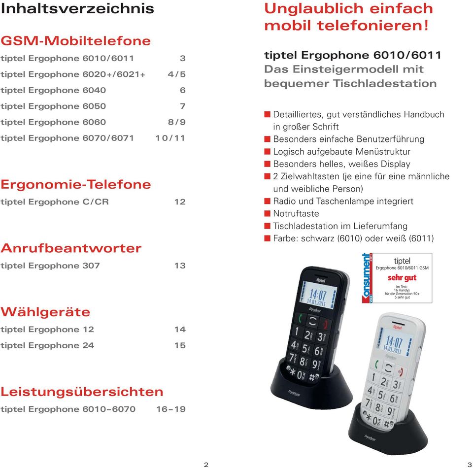 tiptel Ergophone 600/60 Das Einsteigermodell mit bequemer Tischladestation Detailliertes, gut verständliches Handbuch in großer Schrift Besonders einfache Benutzerführung Logisch aufgebaute